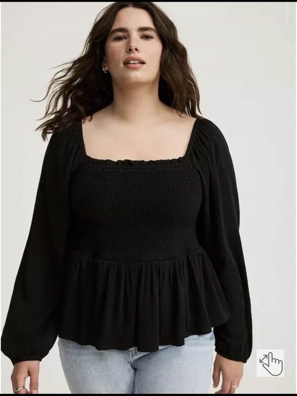 Smocked Square Neck Long Sleeve Tunic - Black